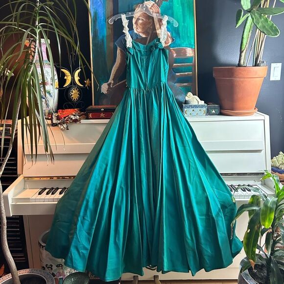 Vintage 50s 60s Stunning Teal iridescent Prom Dress Ball Gown Cocktail XS - Picture 9 of 16